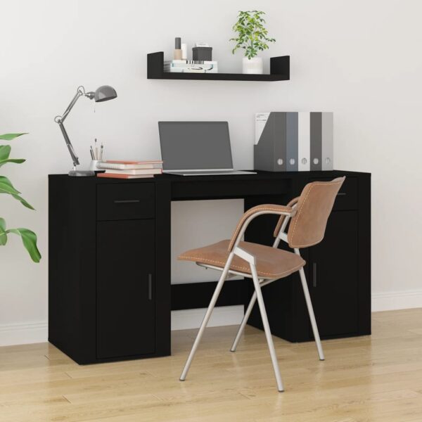 Black Engineered Wood Desk with Cabinet  Ample Storage  Elegant Design  Durable Material