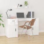 High Gloss White Engineered Wood Desk with Cabinet  Ample Storage  Elegant Design