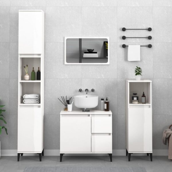 High Gloss White 3 Piece Bathroom Cabinet Set  Engineered Wood  Ample Storage  Metal Feet