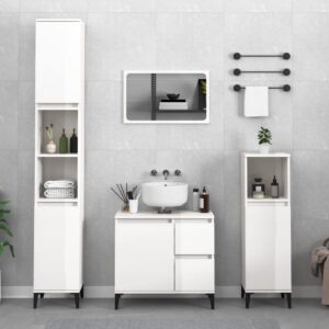 High Gloss White 4 Piece Bathroom Furniture Set with Mirror  Engineered Wood  Metal Feet