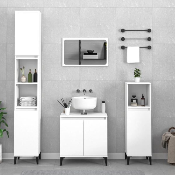 White Engineered Wood 3 Piece Bathroom Furniture Set with Spacious Storage and Metal Feet