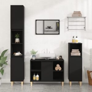 3 Piece Black Bathroom Furniture Set  Engineered Wood  Spacious Storage  Easy to Clean