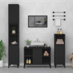 3 Piece Black Bathroom Furniture Set with Engineered Wood and Metal Feet  Ample Storage Space