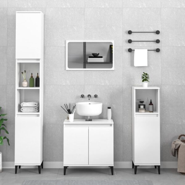 High Gloss White 4 Piece Bathroom Furniture Set with Mirror  Engineered Wood  Metal Feet