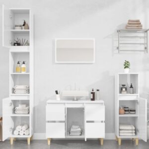 High Gloss White 4 Piece Bathroom Furniture Set with Mirror  Engineered Wood  Eucalyptus Feet