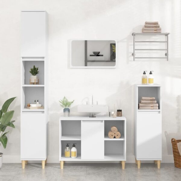 White 4 Piece Bathroom Furniture Set with Mirror  Engineered Wood  Ample Storage Space