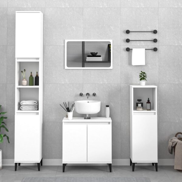 3 Piece White Bathroom Furniture Set with Mirror  Engineered Wood  Ample Storage Space