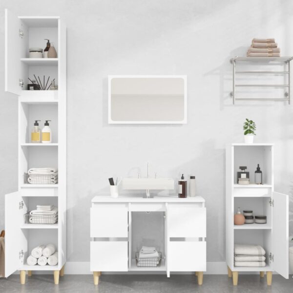 White 3 Piece Bathroom Furniture Set with Mirror  Engineered Wood  Eucalyptus Feet  Ample Storage