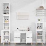 High Gloss White 3 Piece Bathroom Furniture Set with Mirror  Engineered Wood  Eucalyptus Feet