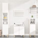 High Gloss White 2 Piece Bathroom Furniture Set with Mirror  Engineered Wood  Eucalyptus Feet