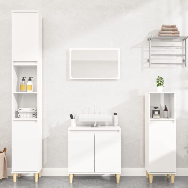 High Gloss White 2 Piece Bathroom Furniture Set with Mirror  Engineered Wood  Eucalyptus Feet