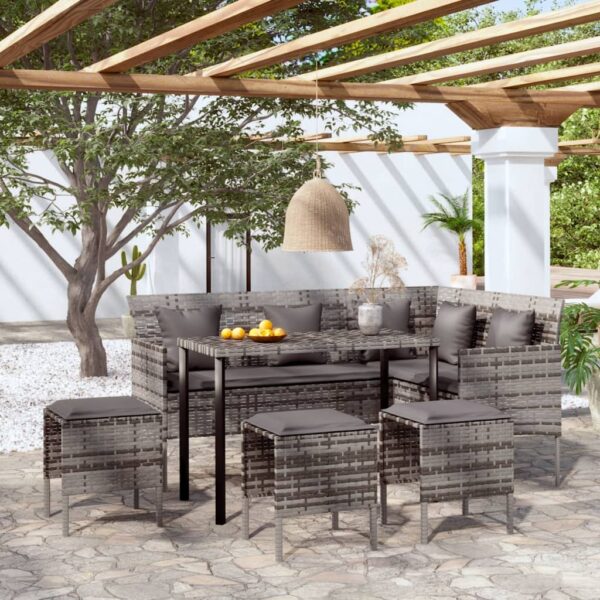 Stylish Grey L-Shaped Outdoor Sofa Set with Cushions  Poly Rattan  Weather-Resistant  Easy to Clean