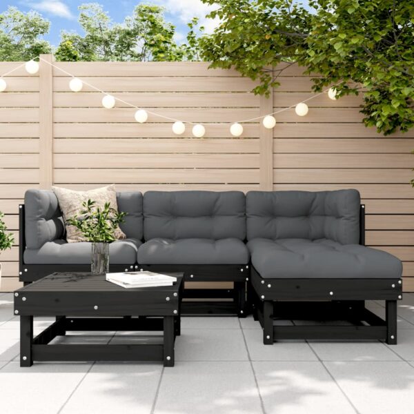 5 Piece Garden Lounge Set with Cushions Black Solid Wood