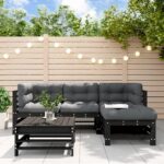 5 Piece Garden Lounge Set with Cushions Black Solid Wood