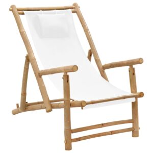 Adjustable Bamboo Deck Chair with Cream White Canvas  Foldable and Durable for Garden Patio Terrace