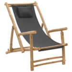 Adjustable Bamboo Deck Chair with Armrests  Dark Grey Canvas  Foldable  Durable  Water Resistant  Lightweight  for Garden  Patio  Terrace