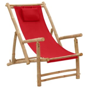 Adjustable Bamboo Deck Chair with Armrests  Red Canvas Material  Foldable  Durable for Garden Patio Terrace