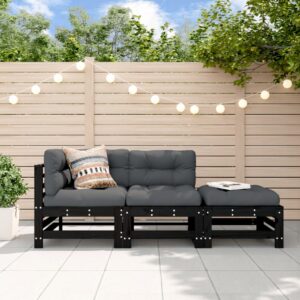 3 Piece Garden Lounge Set with Cushions in Black Solid Wood  Comfortable Outdoor Furniture