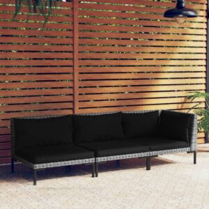 Three Piece Garden Lounge Set in Dark Grey  Half Round Poly Rattan  Weather Resistant  Comfortable Cushions  Sturdy Frame