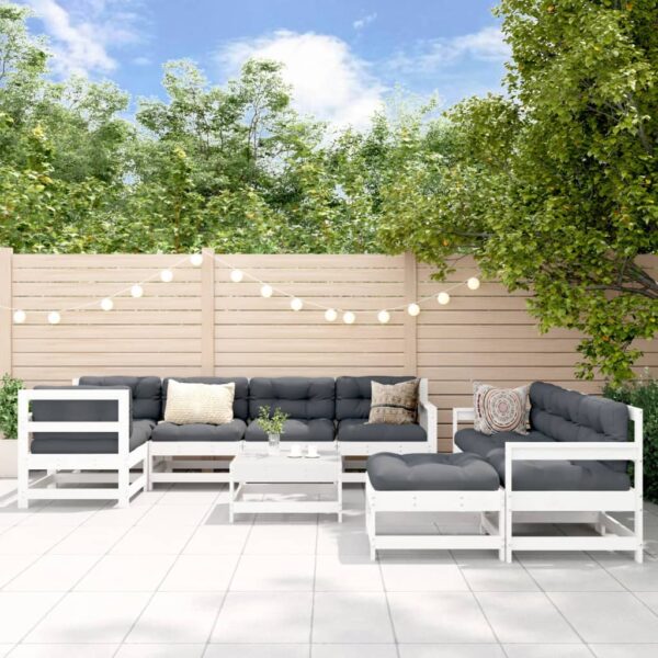 10 Piece Garden Lounge Set with Cushions White Solid Wood