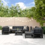 10 Piece Garden Lounge Set with Cushions Black Solid Wood