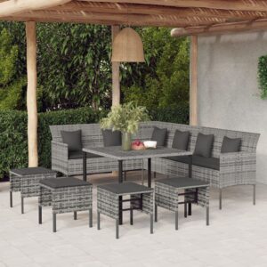 6 Piece Garden Dining Set with Cushions Grey Poly Rattan