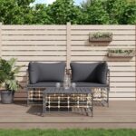 Three Piece Outdoor Garden Lounge Set with Cushions in Anthracite Poly Rattan