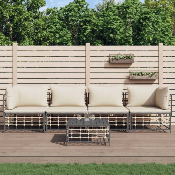 5 Piece Garden Lounge Set with Cushions Anthracite Poly Rattan