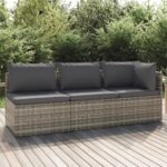 3 Piece Garden Lounge Set with Cushions Grey Poly Rattan