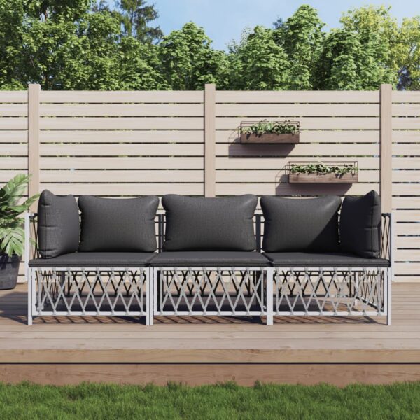 3 Piece Garden Lounge Set with Cushions White Steel