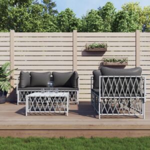 5 Piece Garden Lounge Set with Cushions White Steel