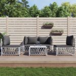 5 Piece Garden Lounge Set with Cushions White Steel