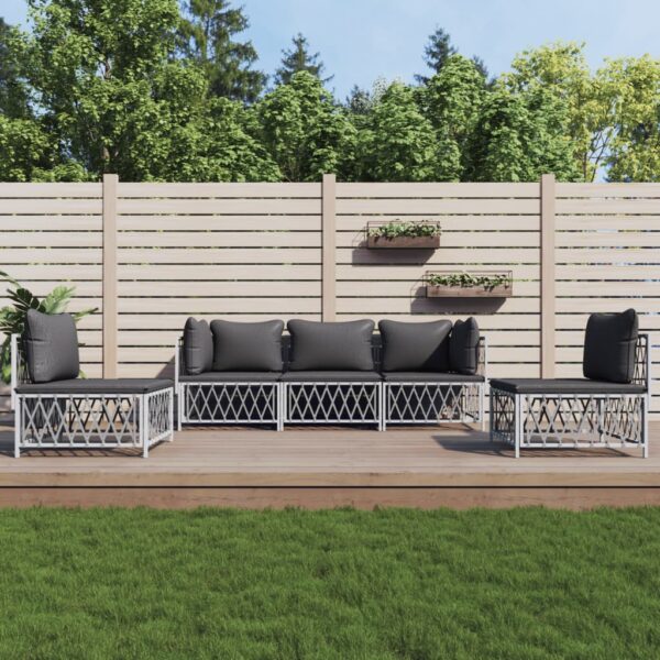 5 Piece Garden Lounge Set with Cushions White Steel