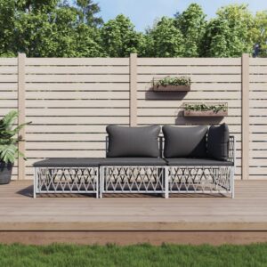 White Garden Lounge Set with Cushions  Woven Fabric  Powder-Coated Steel  Comfortable  Durable  Modular Design  Outdoor Furniture