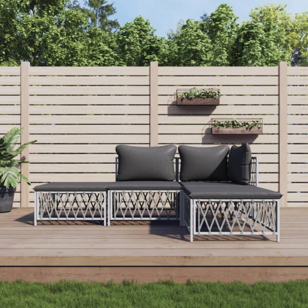 4 Piece Garden Lounge Set with Cushions White Steel