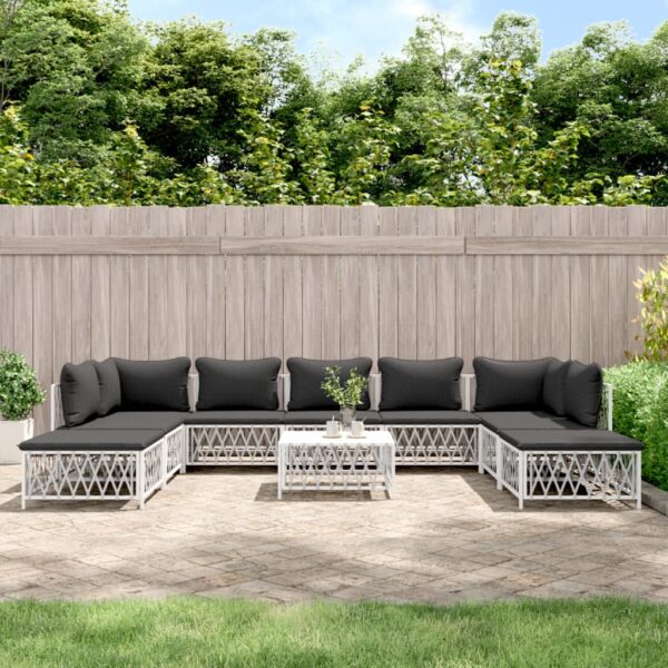 10 Piece Garden Lounge Set with Cushions White Steel