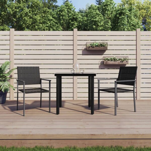 Stylish 3 Piece Garden Dining Set in Black Poly Rattan and Steel with Tempered Glass Table