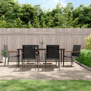 7 Piece Garden Dining Set Black Textilene and Steel