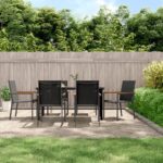 7 Piece Garden Dining Set Black Textilene and Steel