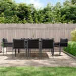 9 Piece Garden Dining Set with Cushions Poly Rattan and Steel