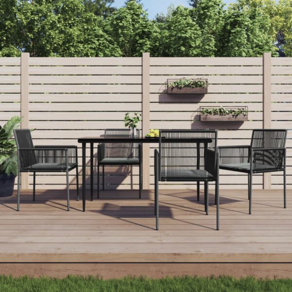 5 Piece Garden Dining Set with Cushions Black Poly Rattan and Steel