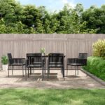 7 Piece Garden Dining Set with Cushions Black Poly Rattan and Steel