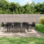 9 Piece Garden Dining Set with Cushions Black Poly Rattan and Steel