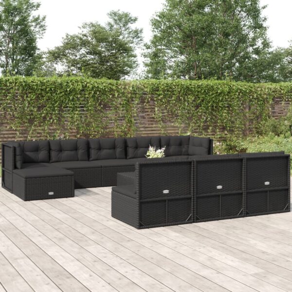 10 Piece Outdoor Sofa Set with Cushions Black Poly Rattan