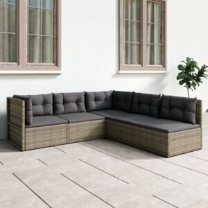 5 Piece Garden Lounge Set with Cushions Grey Poly Rattan