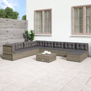 9 Piece Garden Lounge Set with Cushions Grey Poly Rattan