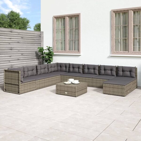 9 Piece Garden Lounge Set with Cushions Grey Poly Rattan