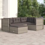 5 Piece Garden Lounge Set with Cushions Grey Poly Rattan