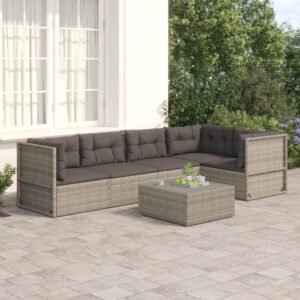 5 Piece Garden Lounge Set with Cushions Grey Poly Rattan