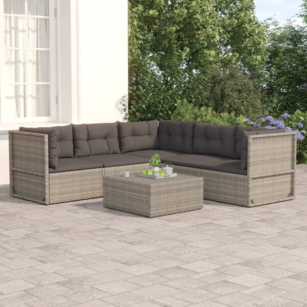 5 Piece Garden Lounge Set with Cushions Grey Poly Rattan